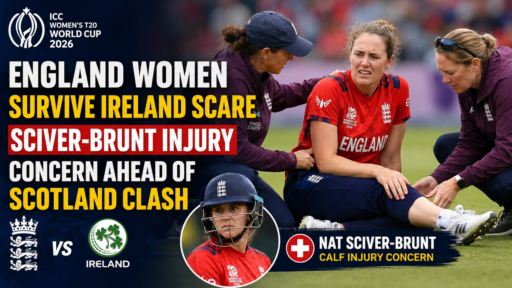 Nat Sciver-Brunt leaves the field after a calf injury scare during England Women's T20 World Cup match against Ireland.