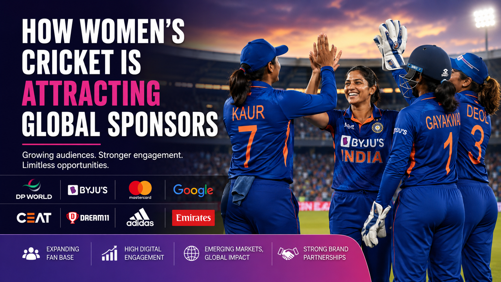 Women’s cricket players competing in an international match as global sponsors invest in the growing women’s sports market.