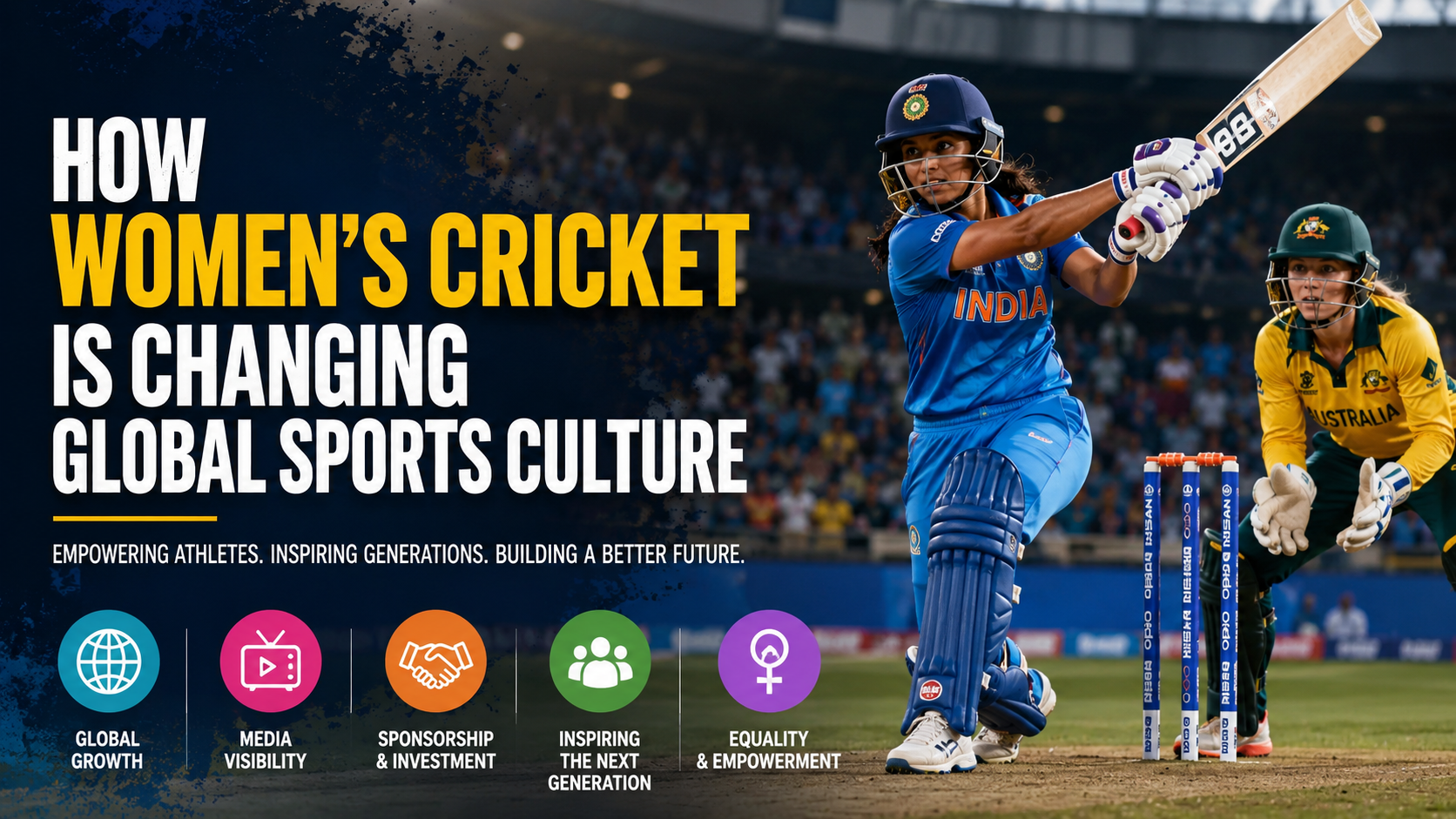 Women cricketers competing in an international match, showcasing the global growth and cultural impact of women's cricket