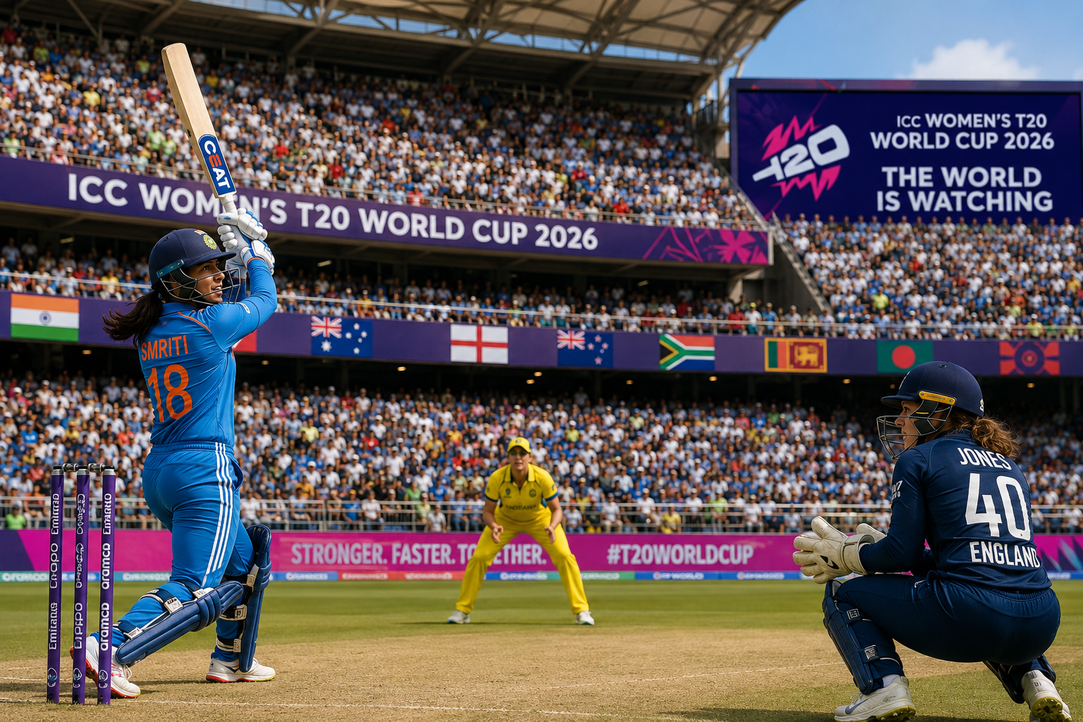 Women’s cricket players competing before a packed stadium crowd during an international tournament showcasing global growth.