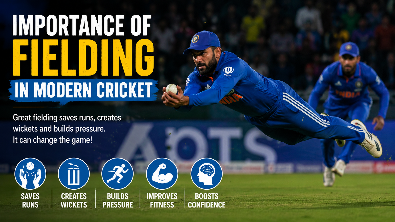 Professional cricketer making a diving catch during a modern cricket match, highlighting the importance of fielding skills.