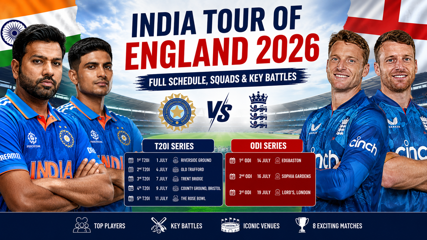 India and England players during the 2026 white-ball cricket series featuring T20I and ODI matches across England