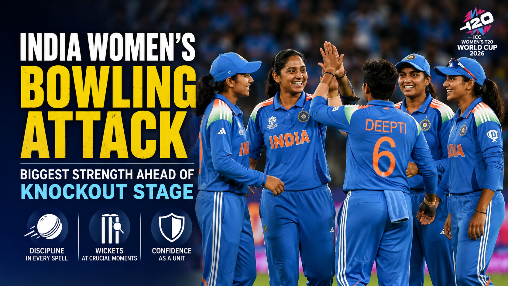 India Women bowlers celebrating a wicket during the Women’s T20 World Cup 2026 ahead of the knockout stage.