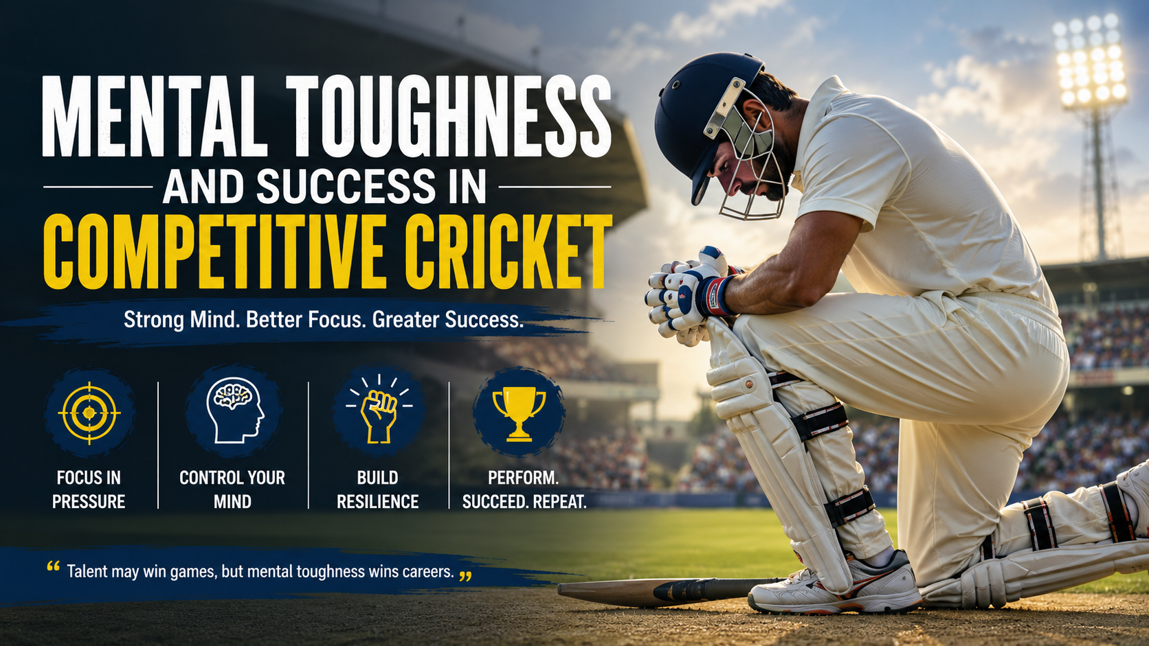 Cricketer demonstrating mental toughness and focus during a high-pressure competitive cricket match
