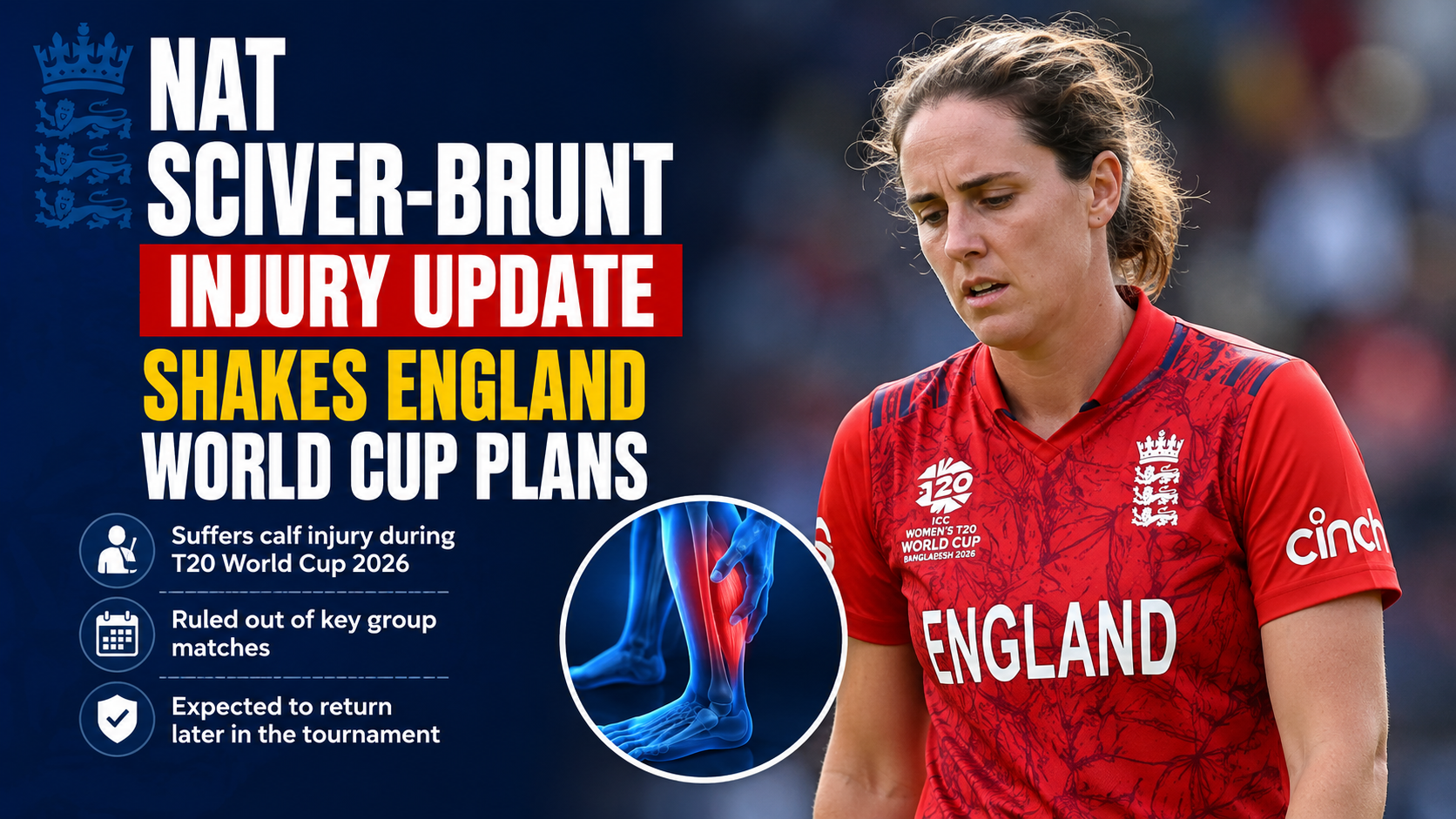 Nat Sciver-Brunt walks off the field after suffering a calf injury during the Women's T20 World Cup 2026, impacting England's campaign.