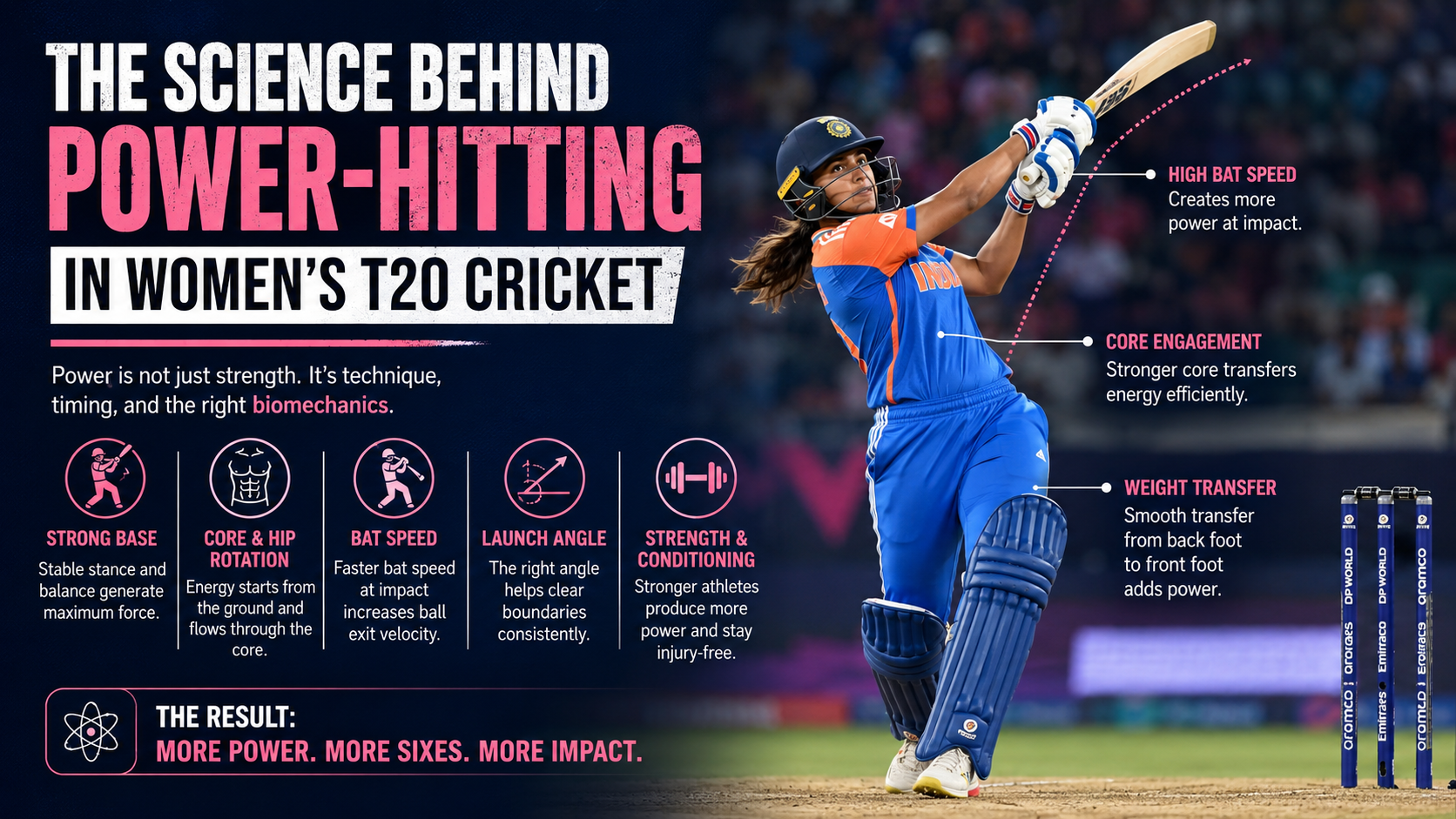 Women's T20 batter playing a powerful lofted shot during a cricket match, demonstrating modern power-hitting technique and bat speed.