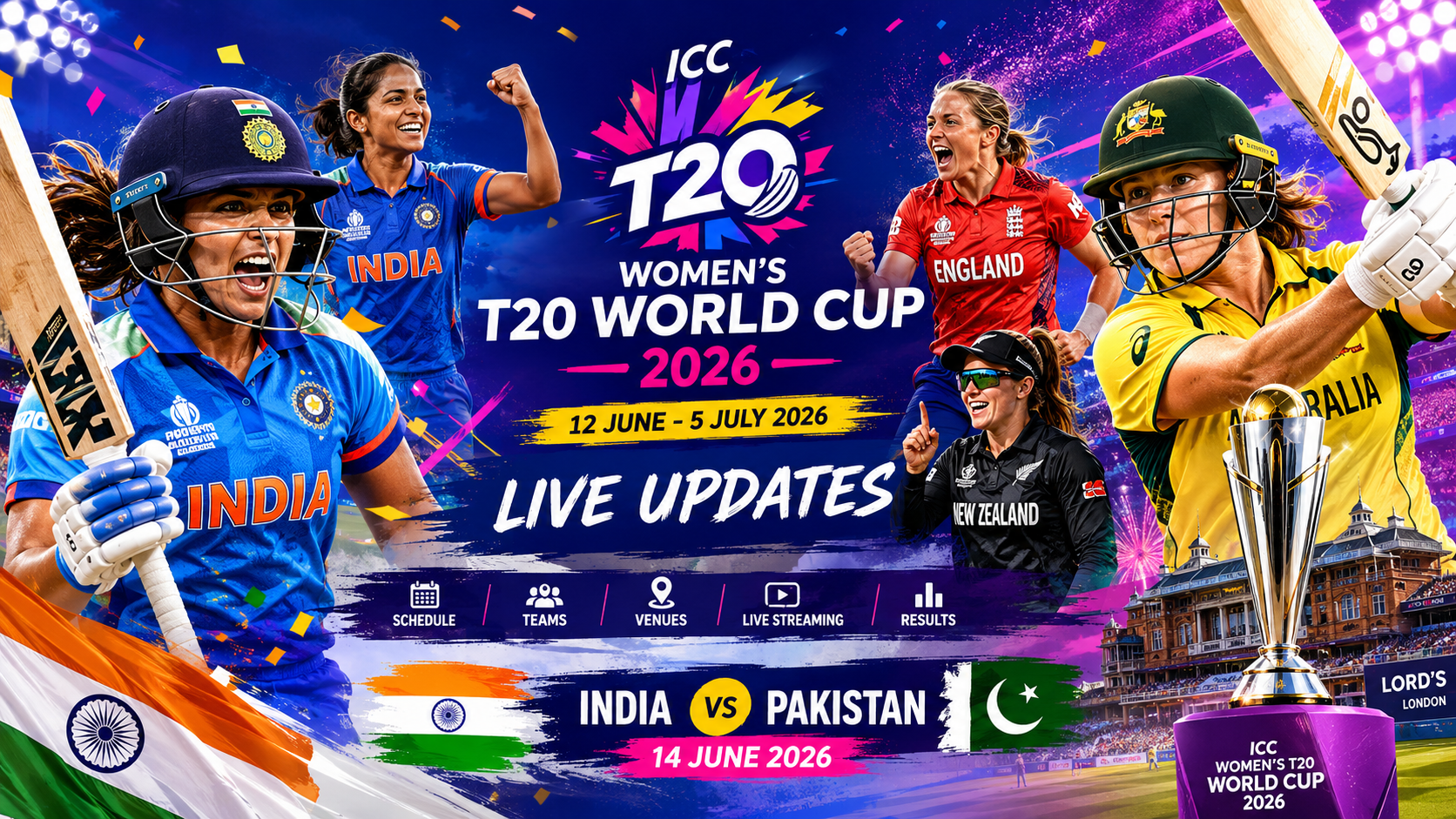 Women's T20 World Cup 2026 players in action during an international cricket match with tournament branding and stadium crowd