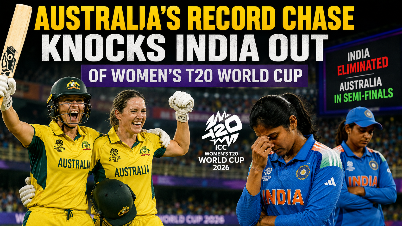 Australia celebrates after completing a record run chase to eliminate India from the Women's T20 World Cup 2026 and secure a semi-final spot.