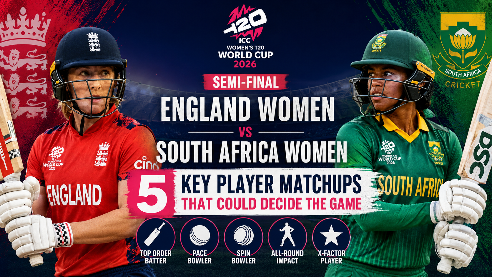 England Women and South Africa Women players in action during the ICC Women's T20 World Cup 2026 semi-final, highlighting five key player matchups that could decide the winner.