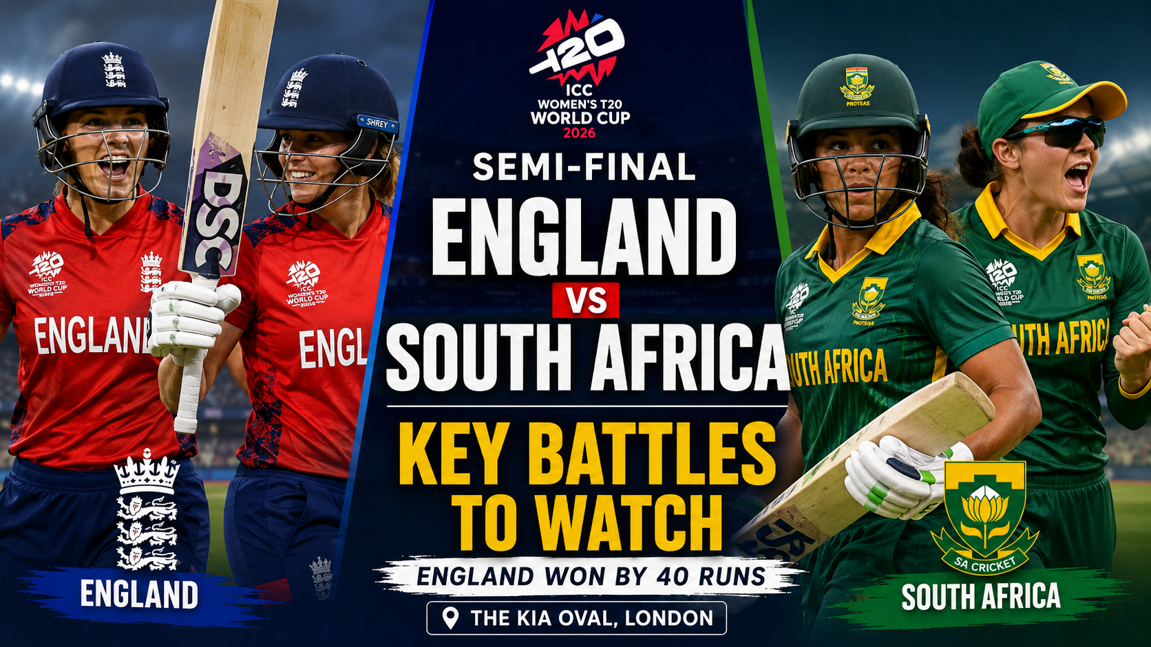 England vs South Africa Women's T20 World Cup 2026 semi-final key battles at The Kia Oval as England won by 40 runs.