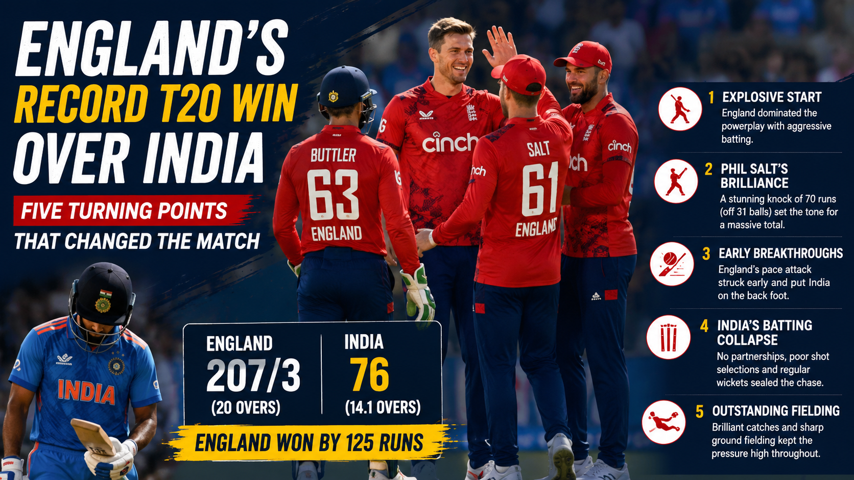 England players celebrate after their record T20 victory over India as Phil Salt shines with the bat and the bowling attack dominates the match.