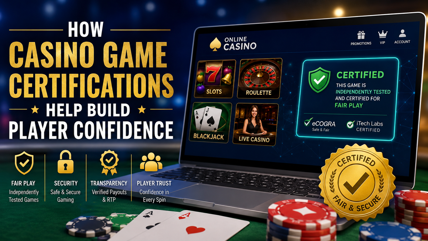 Casino game certifications displayed on an online casino interface to represent fair, secure, and trusted gaming for players.