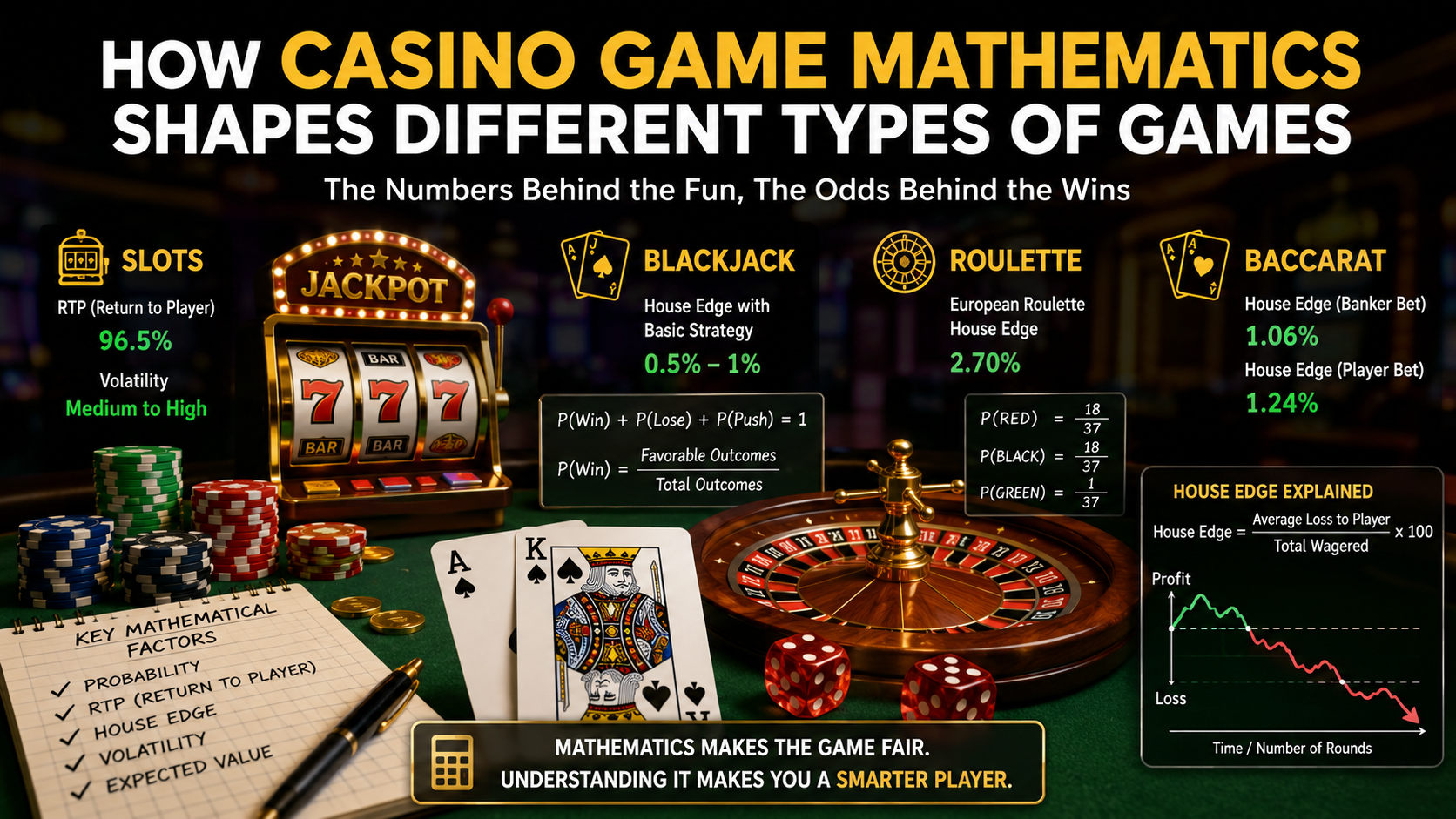 Illustration showing casino game mathematics with slots, roulette, blackjack cards, dice, RTP, and probability concepts