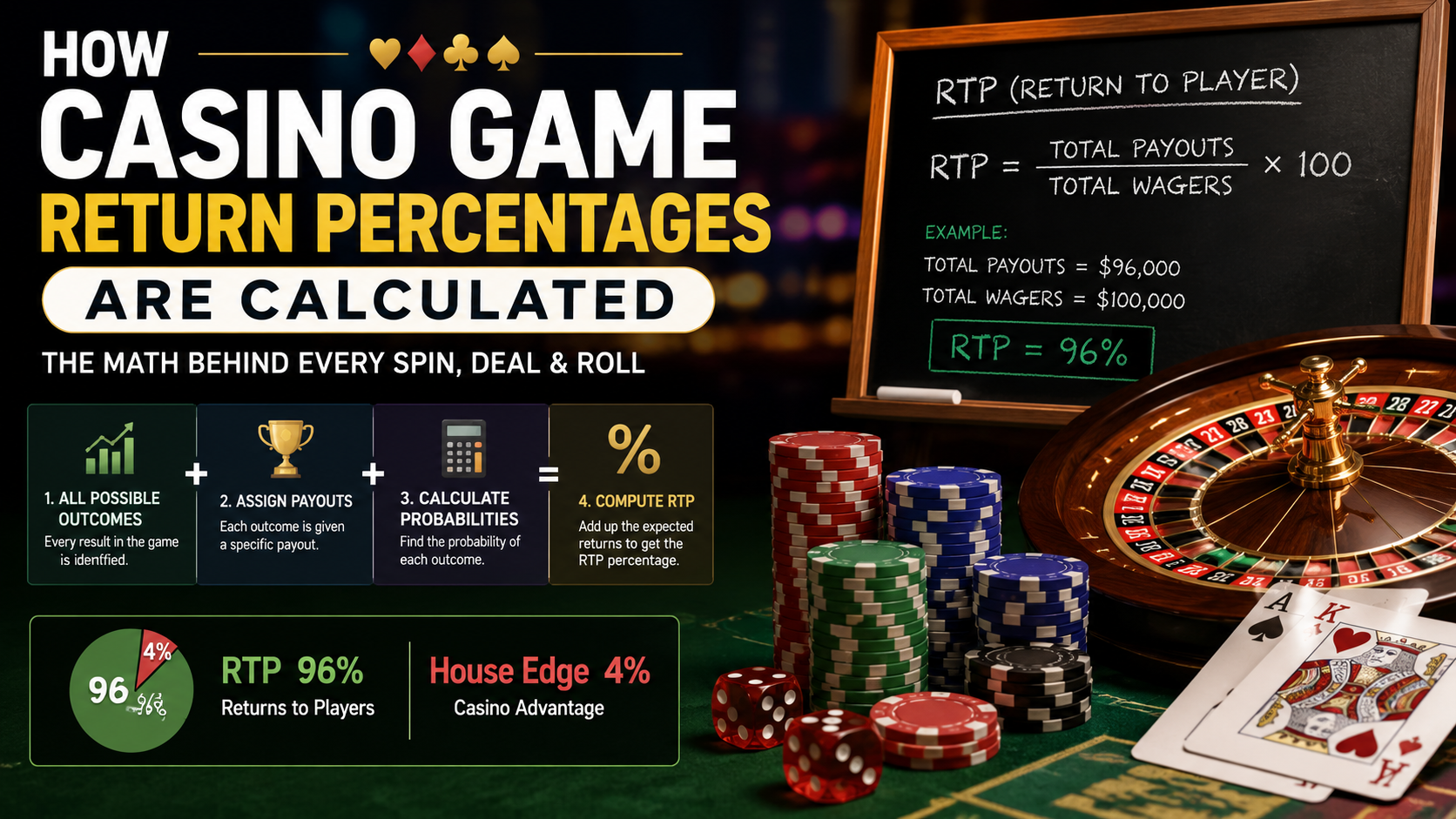 Casino game return percentage calculation illustrated with RTP, house edge, slot machine, roulette wheel, and probability charts.