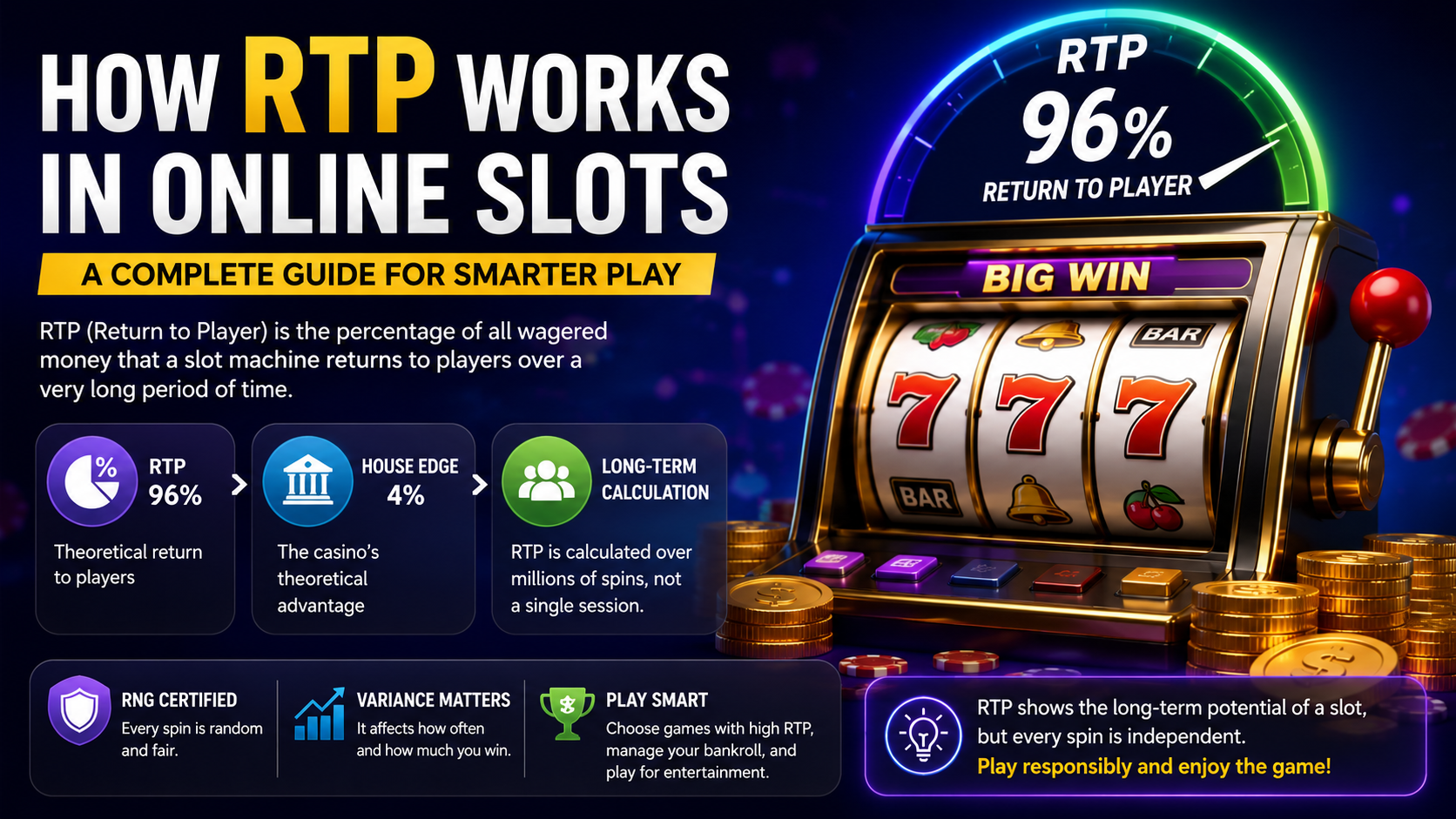 How RTP works in online slots showing Return to Player percentage, slot reels, coins, and payout statistics for better player understanding.