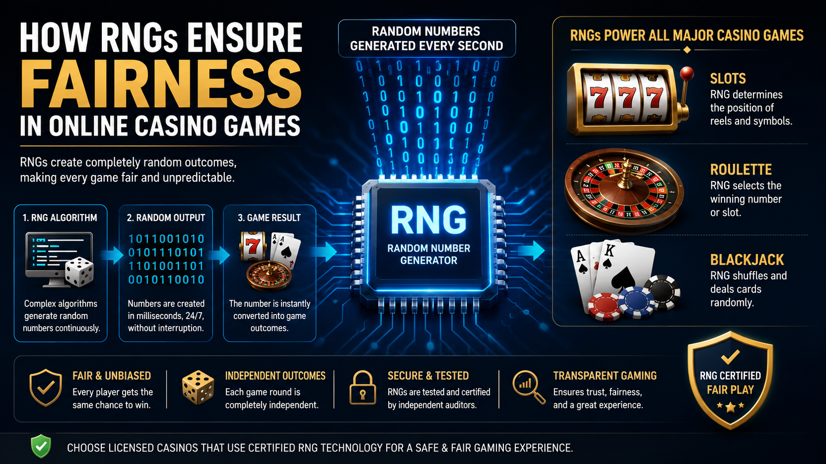 Illustration showing how Random Number Generators (RNGs) create fair and random outcomes in online casino games, including slots, roulette, and blackjack.