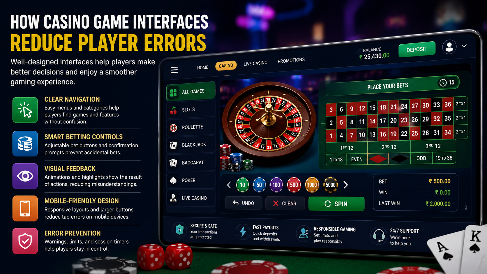 Casino game interface with clear betting controls, responsive navigation, and user-friendly design that helps reduce player errors.