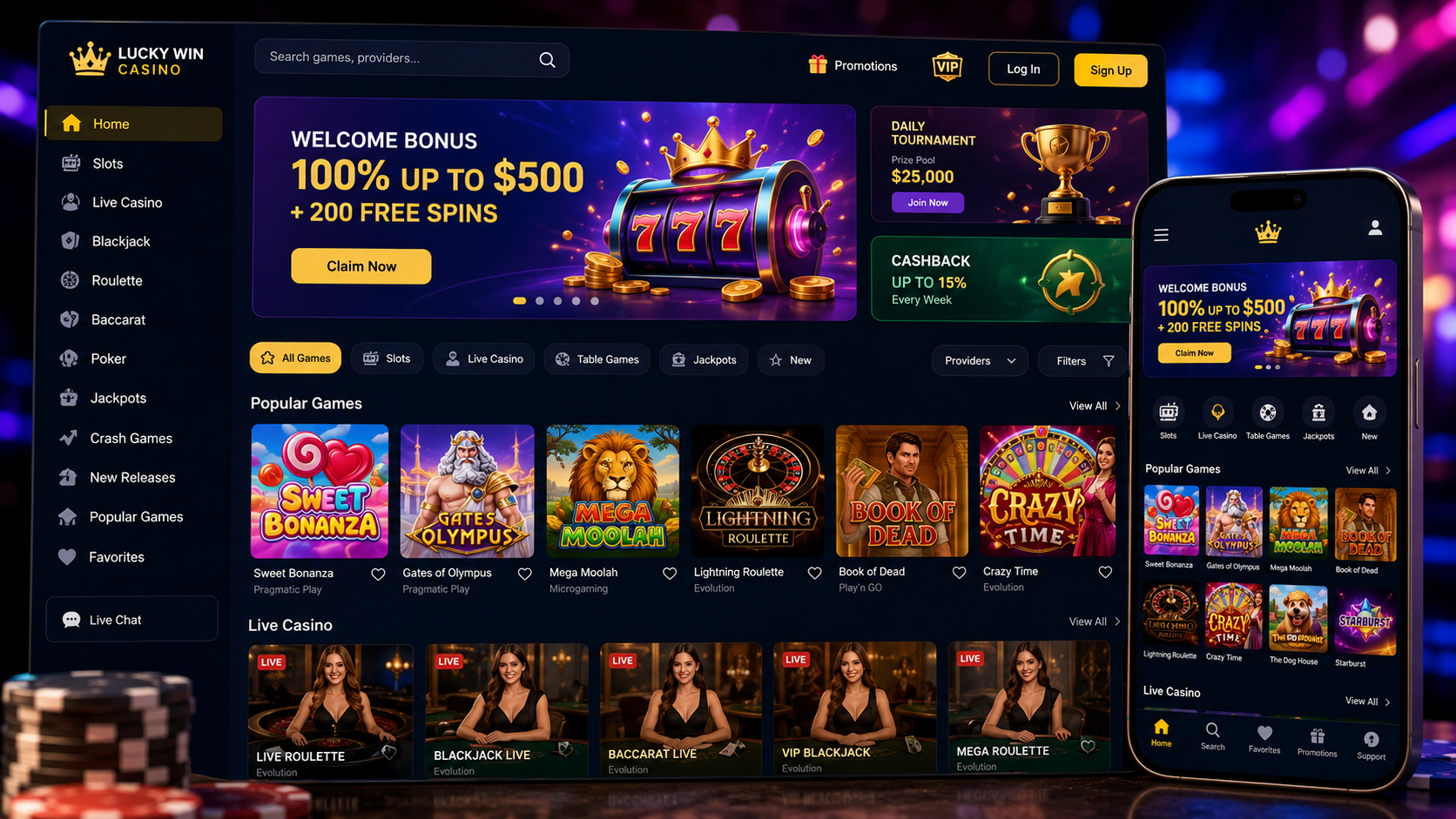 Modern online casino game menu with organized categories, search filters, and mobile-friendly navigation for a better player experience.