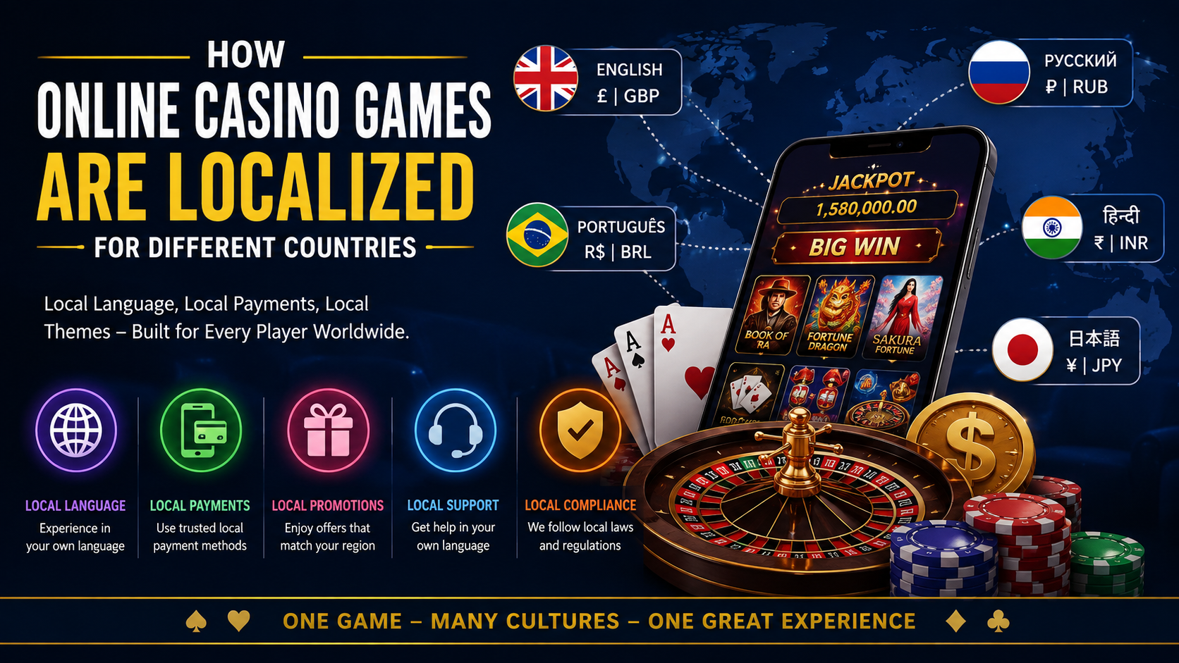 Online casino game localization with language, payment, and regional gaming features for different countries.