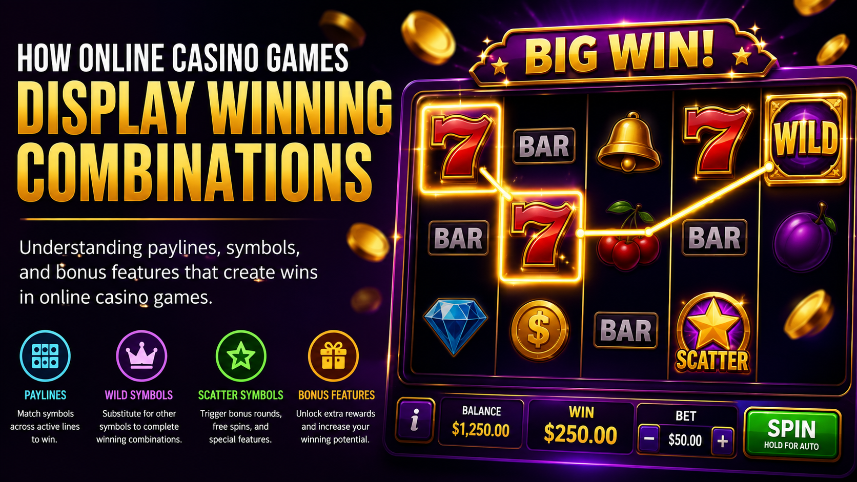 Online casino games displaying winning combinations on digital slot reels with highlighted paylines and bonus symbols.