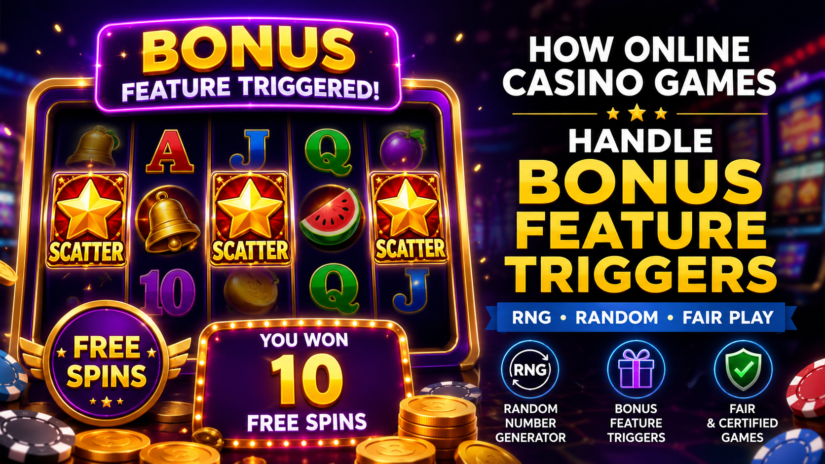 Online casino slot game showing bonus feature trigger with scatter symbols, free spins, and RNG-based gameplay mechanics