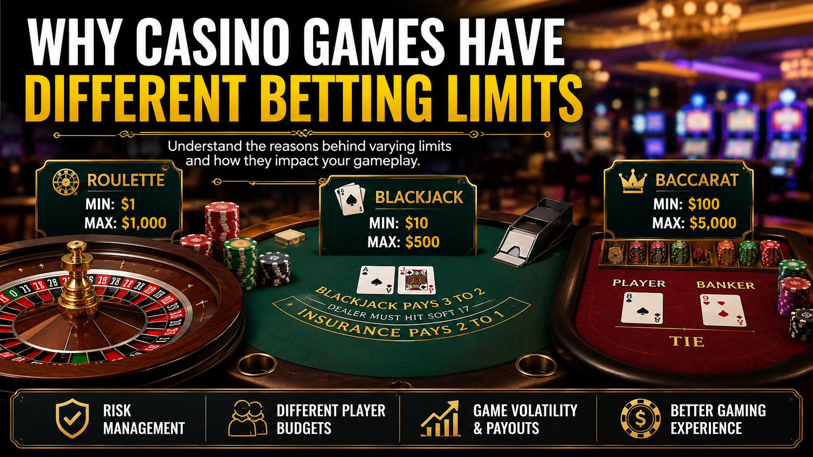 Casino table showing different betting limits for blackjack, roulette, and baccarat games