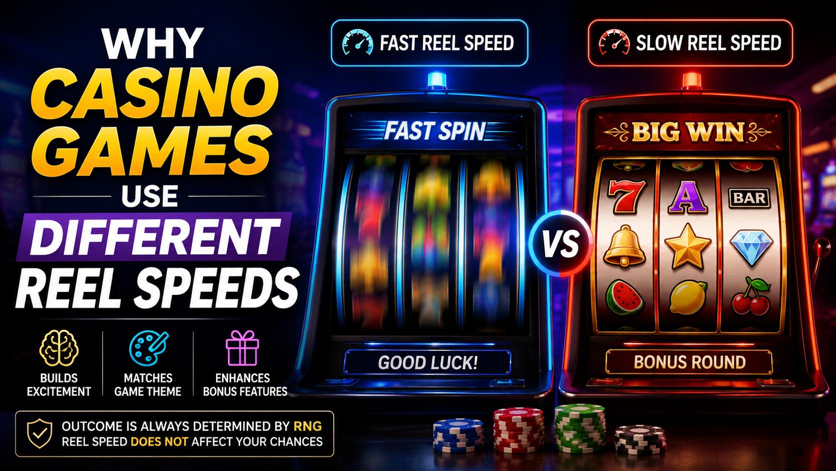 Online casino slot machine showing different reel speeds during gameplay with colorful symbols and bonus features