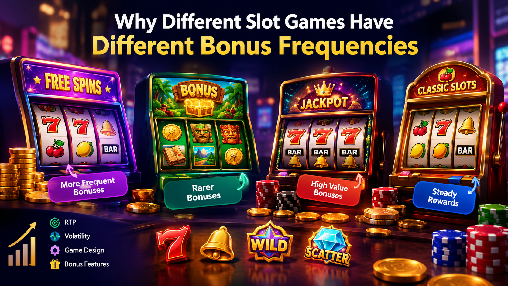 Different slot games showing free spins, bonus rounds, and casino slot symbols illustrating different bonus frequencies.