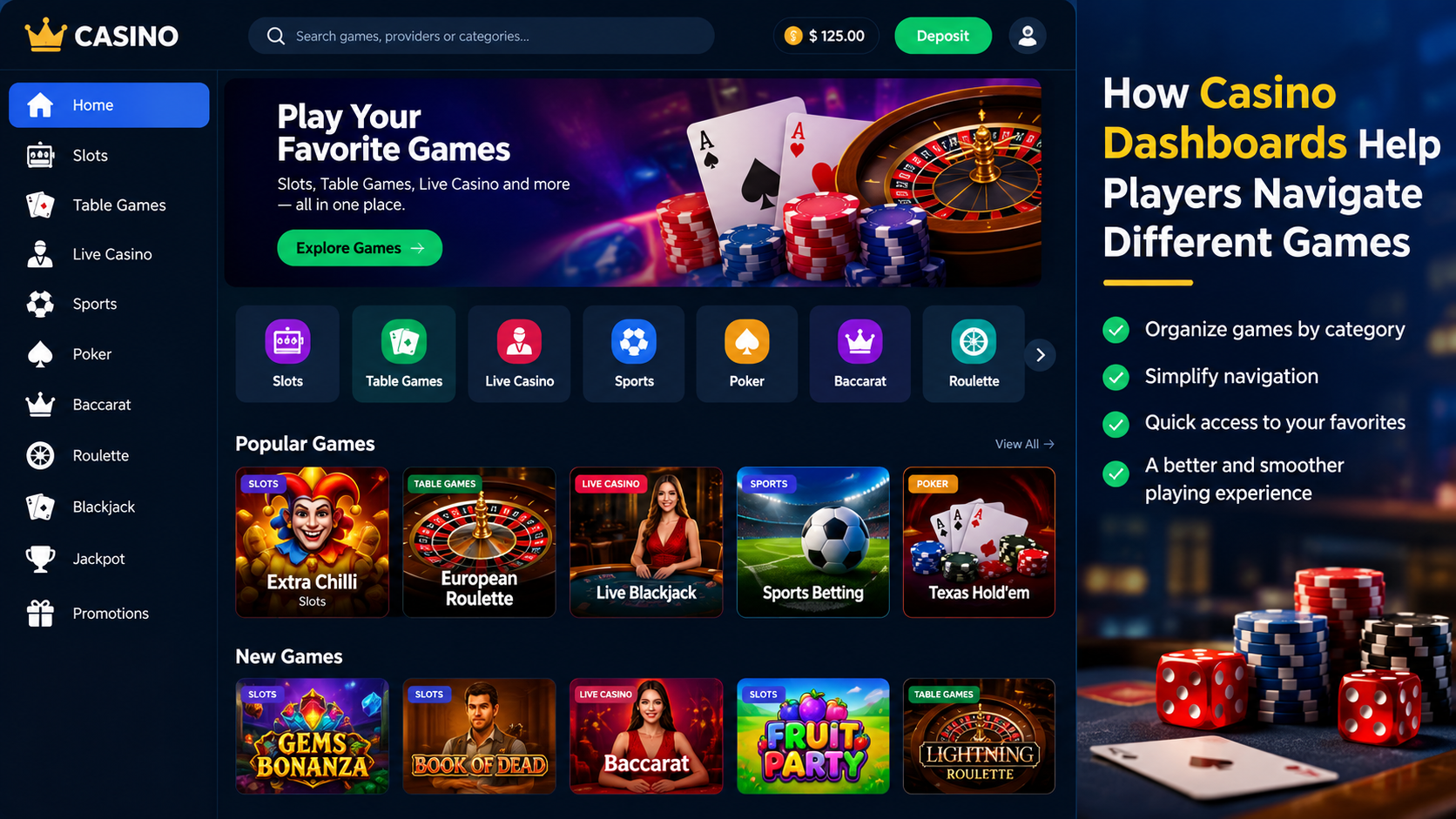 Casino dashboard showing different games and navigation categories