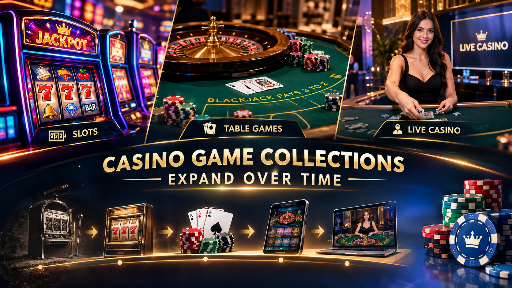 Casino game collections expanding with slots, table games and live casino formats