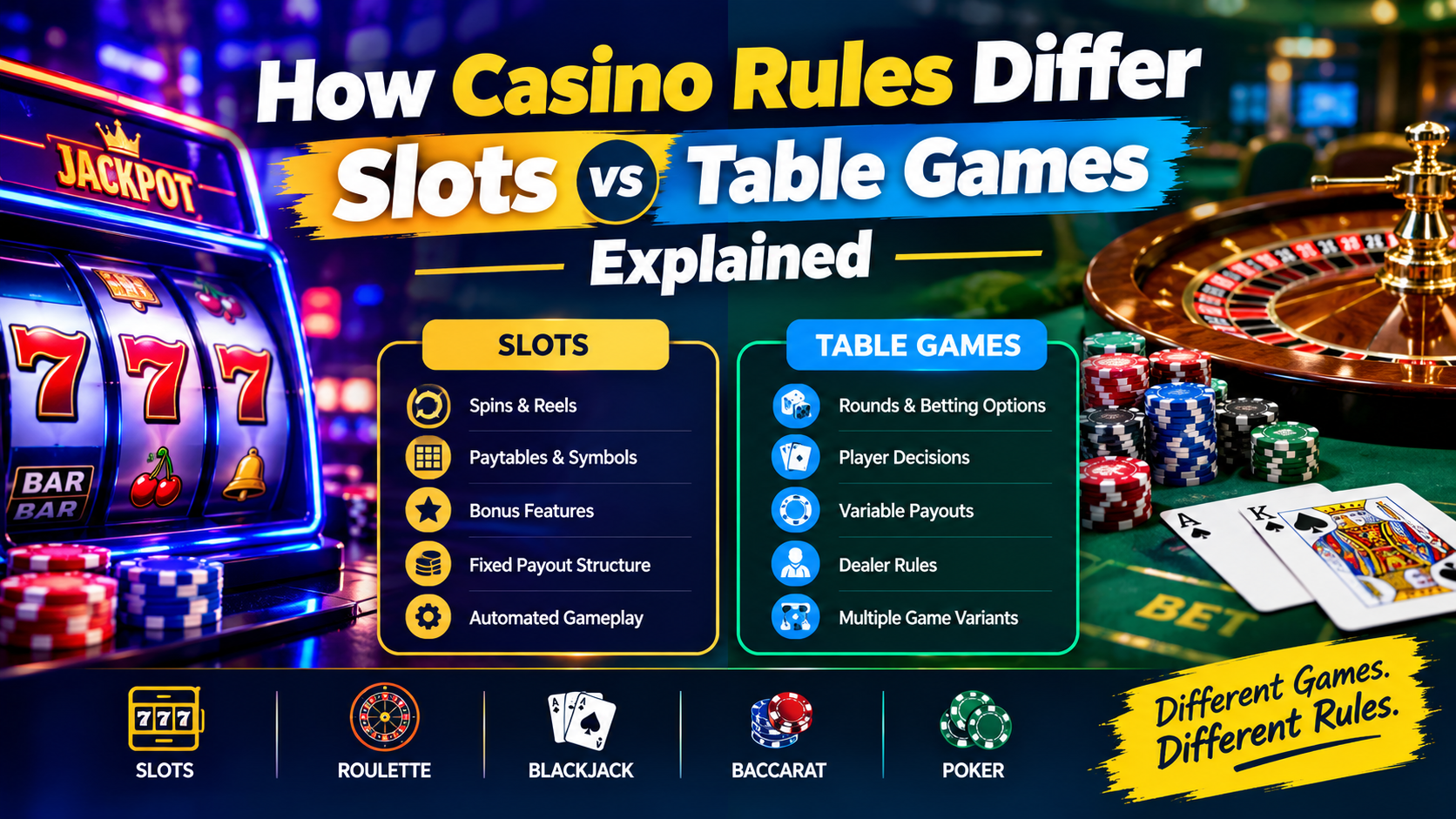 Casino game rules comparing slots and table games