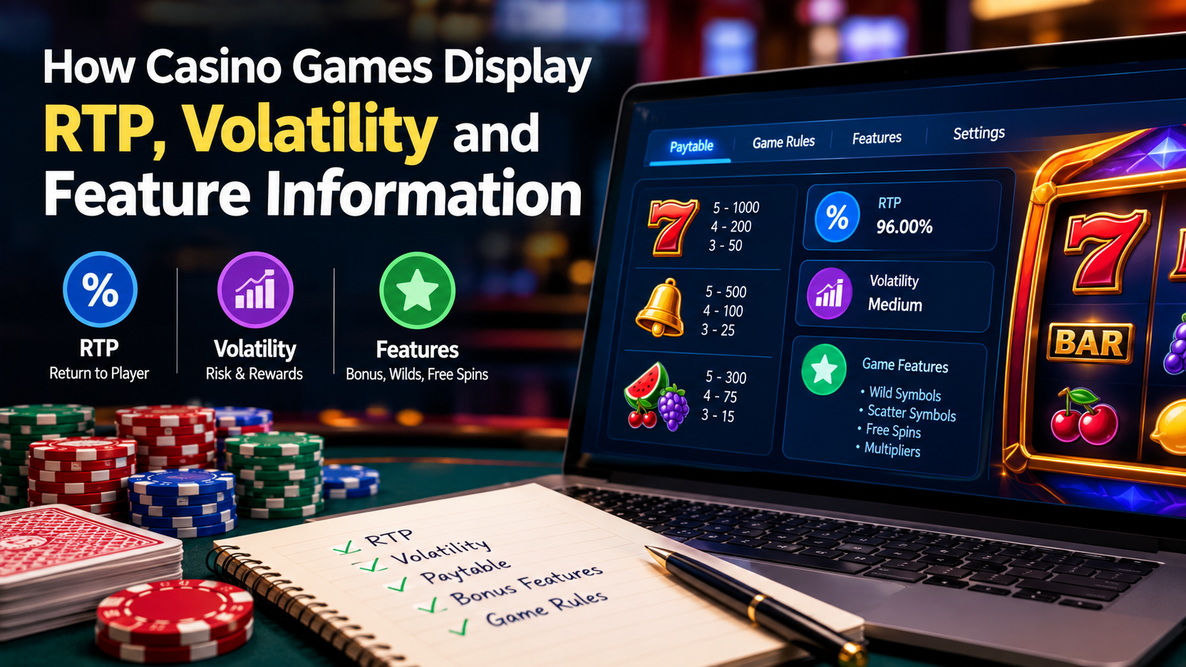 Casino game RTP and volatility information displayed with paytable and game features