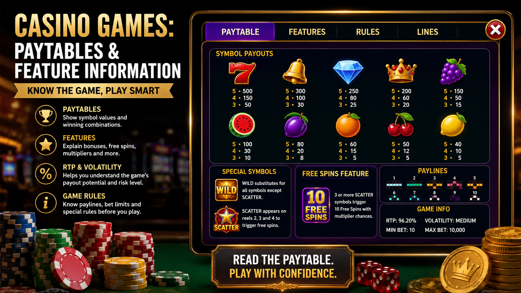 Casino game paytable and feature information
