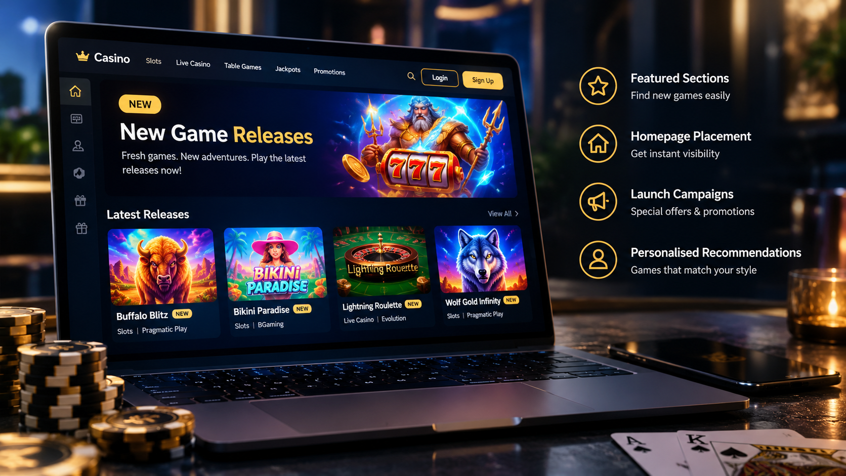 Casino platform highlighting new game releases