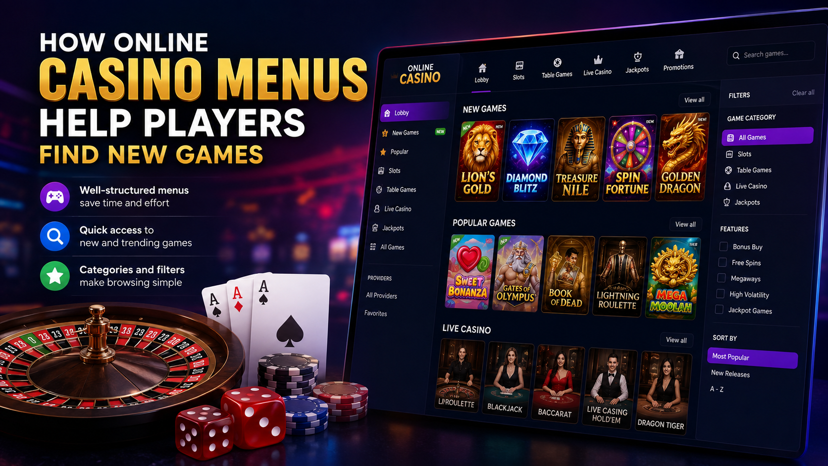 Online casino menu showing slots, table games, live casino and new game categories