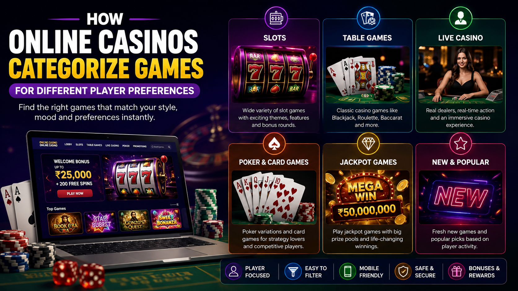Online casinos categorizing slots, table games, poker and live casino games for different player preferences